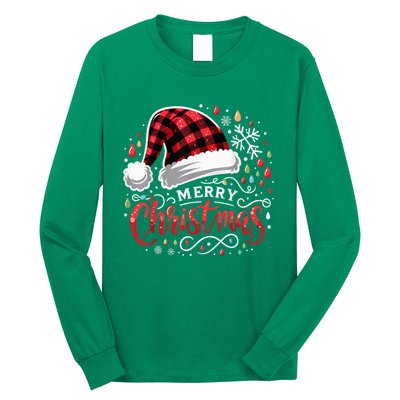 Funny Merry Christmas Funny Red Plaid Buffalo Santa Hat Long Sleeve Shirt