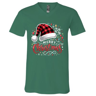 Funny Merry Christmas Funny Red Plaid Buffalo Santa Hat V-Neck T-Shirt