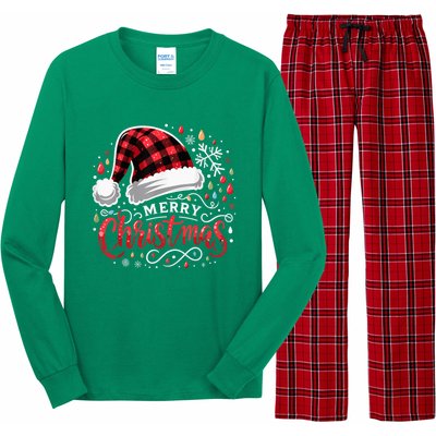 Funny Merry Christmas Funny Red Plaid Buffalo Santa Hat Long Sleeve Pajama Set