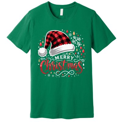 Funny Merry Christmas Funny Red Plaid Buffalo Santa Hat Premium T-Shirt