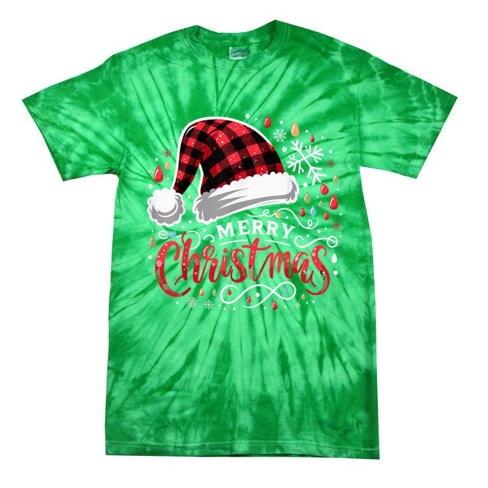 Funny Merry Christmas Funny Red Plaid Buffalo Santa Hat Tie-Dye T-Shirt