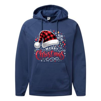 Funny Merry Christmas Funny Red Plaid Buffalo Santa Hat Performance Fleece Hoodie