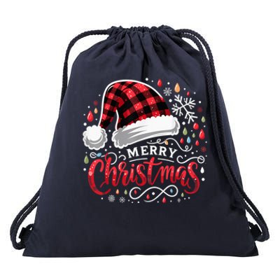 Funny Merry Christmas Funny Red Plaid Buffalo Santa Hat Drawstring Bag