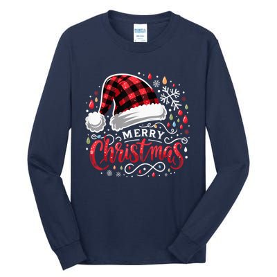 Funny Merry Christmas Funny Red Plaid Buffalo Santa Hat Tall Long Sleeve T-Shirt