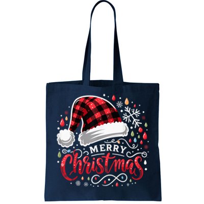 Funny Merry Christmas Funny Red Plaid Buffalo Santa Hat Tote Bag