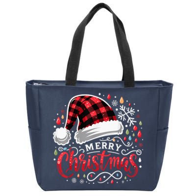 Funny Merry Christmas Funny Red Plaid Buffalo Santa Hat Zip Tote Bag