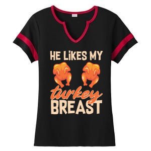 Funny Matching Couples Thanksgiving He Likes My Turkey Breast Ladies Halftime Notch Neck Tee