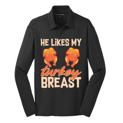 Funny Matching Couples Thanksgiving He Likes My Turkey Breast Silk Touch Performance Long Sleeve Polo