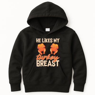 Funny Matching Couples Thanksgiving He Likes My Turkey Breast Kids Hoodie