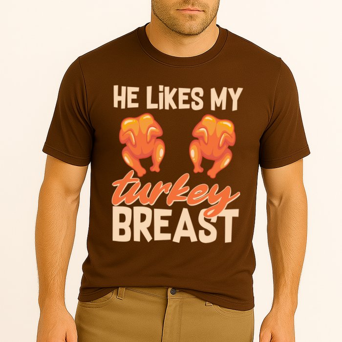 Funny Matching Couples Thanksgiving He Likes My Turkey Breast Cooling Performance Crew T-Shirt