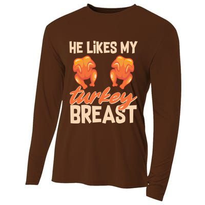 Funny Matching Couples Thanksgiving He Likes My Turkey Breast Cooling Performance Long Sleeve Crew