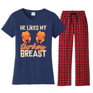 Funny Matching Couples Thanksgiving He Likes My Turkey Breast Women's Flannel Pajama Set