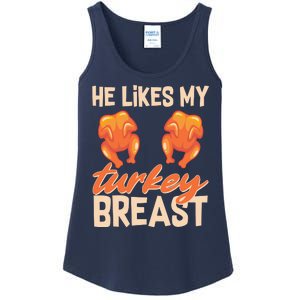 Funny Matching Couples Thanksgiving He Likes My Turkey Breast Ladies Essential Tank