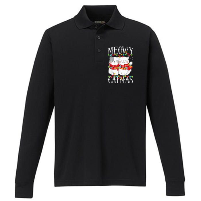 Funny Meowy Catmas Merry Christmas Kitten Pajama Performance Long Sleeve Polo