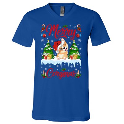 Funny Merry Corgmas Xmas Gift Santa Hat Corgi Christmas Cute Gift V-Neck T-Shirt