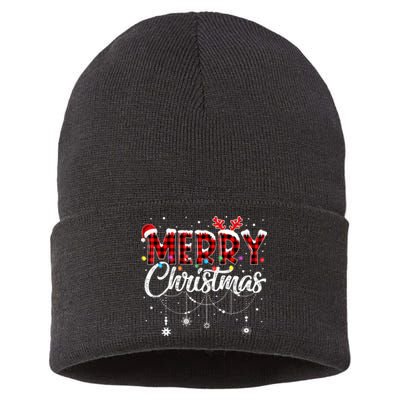 Funny Merry Christmas Lights Xmas Family Sustainable Knit Beanie