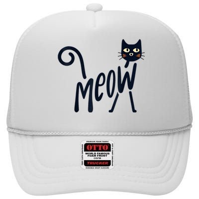 Funny Meow Cat In Black High Crown Mesh Back Trucker Hat