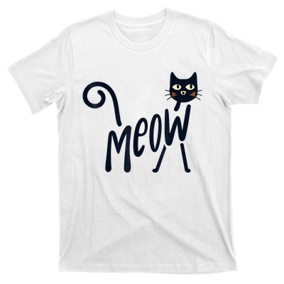 Funny Meow Cat In Black T-Shirt