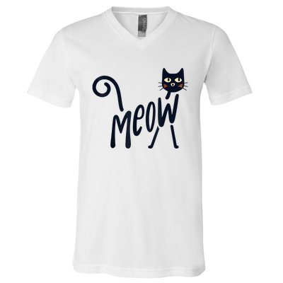 Funny Meow Cat In Black V-Neck T-Shirt