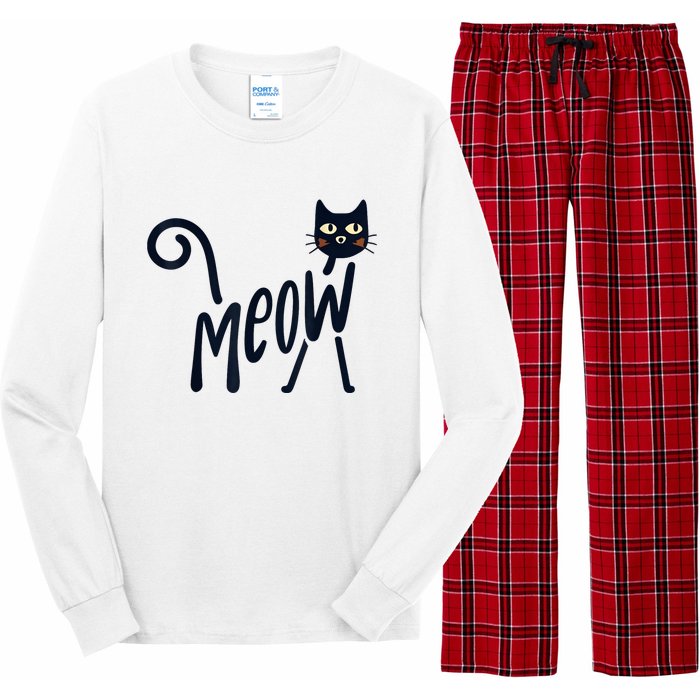 Funny Meow Cat In Black Long Sleeve Pajama Set