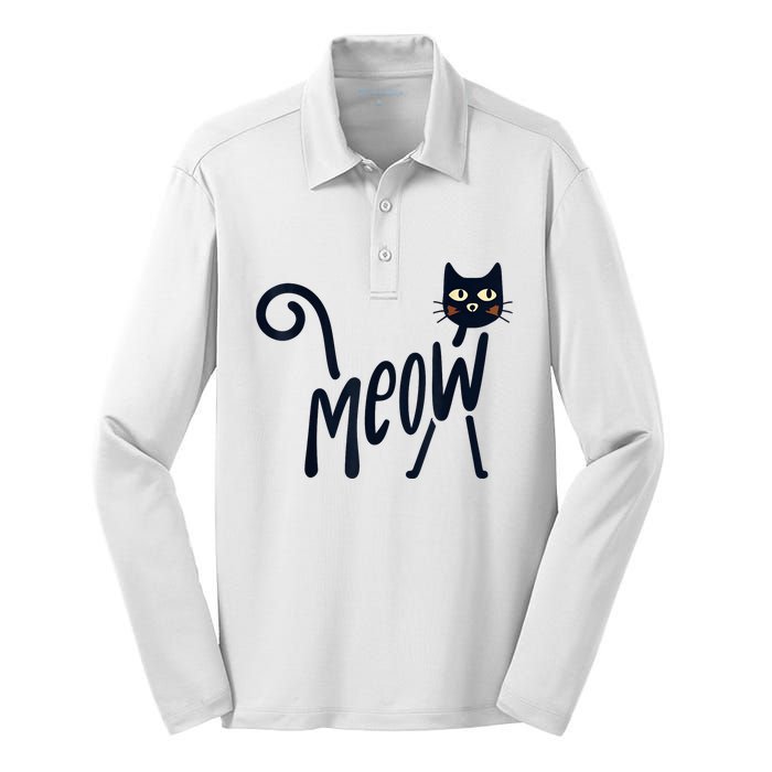 Funny Meow Cat In Black Silk Touch Performance Long Sleeve Polo