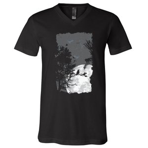 Full Moon Crow Gloomy Forest Costume Awesome Halloween Gift V-Neck T-Shirt