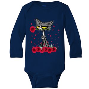 Funny Meh Cat Happy Valentines Day Flowers Women Baby Long Sleeve Bodysuit