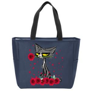 Funny Meh Cat Happy Valentines Day Flowers Women Zip Tote Bag