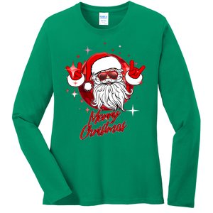 Funny Merry Christmas Disco Santa Claus Ladies Long Sleeve Shirt