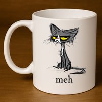 Funny Meh Cat Gift For Cat Lovers 11oz C Handle Ceramic Mug