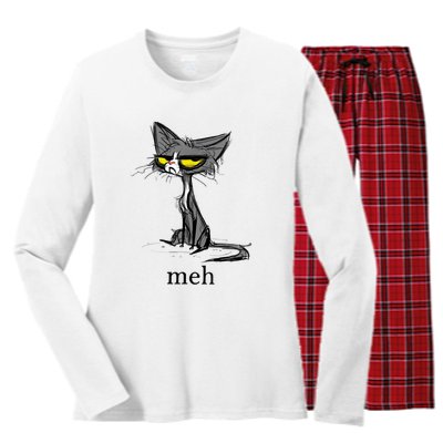 Funny Meh Cat Gift For Cat Lovers Women's Long Sleeve Flannel Pajama Set 