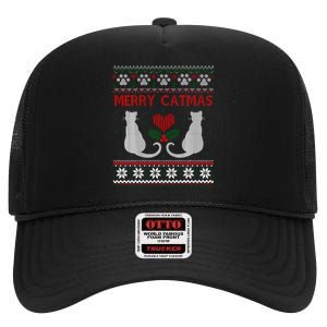 Funny Merry Catmas Ugly Christmas High Crown Mesh Back Trucker Hat