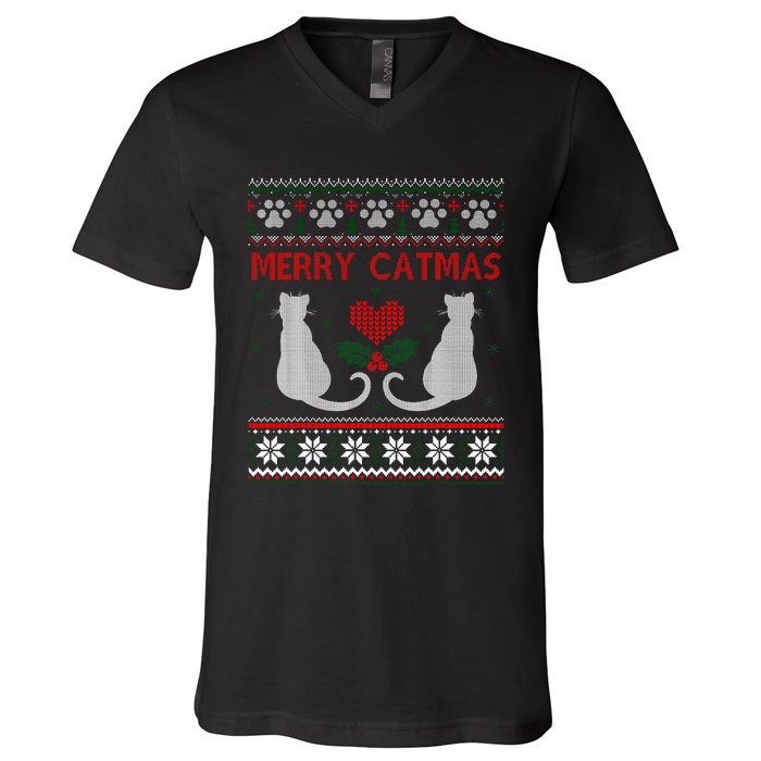 Funny Merry Catmas Ugly Christmas V-Neck T-Shirt