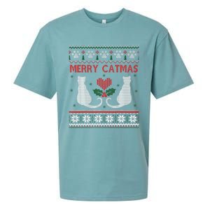 Funny Merry Catmas Ugly Christmas Sueded Cloud Jersey T-Shirt