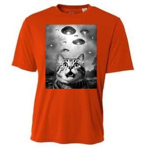 Funny Meme Cat Selfie With Alien Ufos Funny Cat Lovers Aliens Ufo Cooling Performance Crew T-Shirt