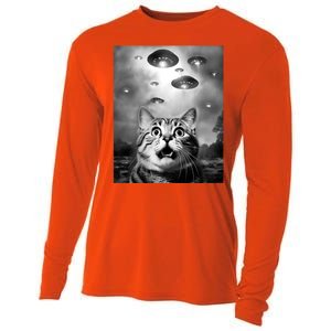 Funny Meme Cat Selfie With Alien Ufos Funny Cat Lovers Aliens Ufo Cooling Performance Long Sleeve Crew