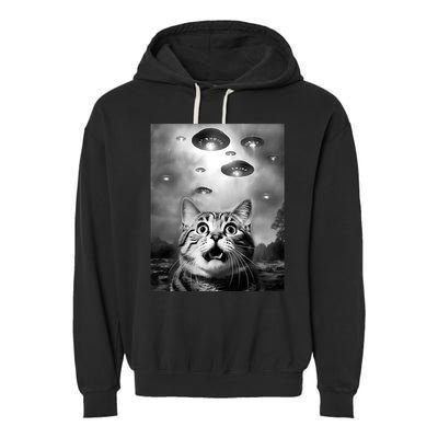 Funny Meme Cat Selfie With Alien Ufos Funny Cat Lovers Aliens Ufo Garment-Dyed Fleece Hoodie