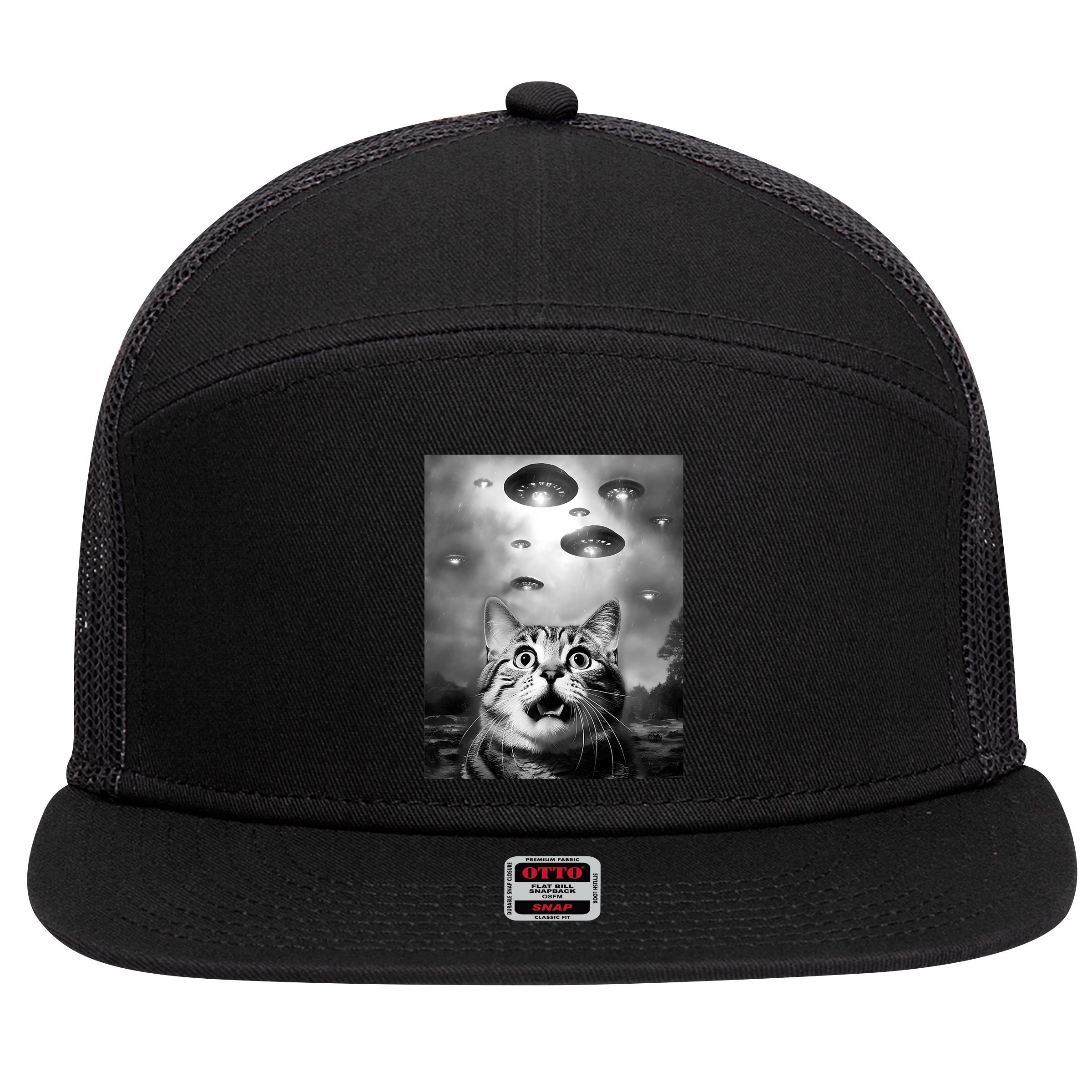 Funny Meme Cat Selfie With Alien Ufos Funny Cat Lovers Aliens Ufo 7 Panel Mesh Trucker Snapback Hat