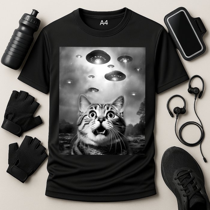 Funny Meme Cat Selfie With Alien Ufos Funny Cat Lovers Aliens Ufo Cooling Performance Crew T-Shirt