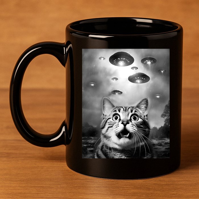 Funny Meme Cat Selfie With Alien Ufos Funny Cat Lovers Aliens Ufo 11oz C Handle Ceramic Mug