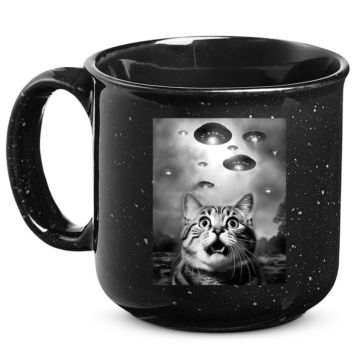 Funny Meme Cat Selfie With Alien Ufos Funny Cat Lovers Aliens Ufo 15oz Campfire Ceramic Mug