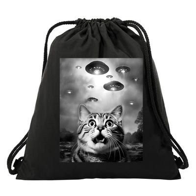 Funny Meme Cat Selfie With Alien Ufos Funny Cat Lovers Aliens Ufo Drawstring Bag