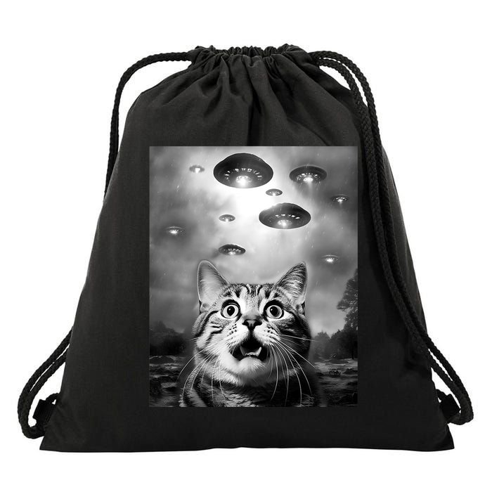 Funny Meme Cat Selfie With Alien Ufos Funny Cat Lovers Aliens Ufo Drawstring Bag