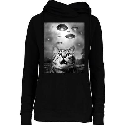 Funny Meme Cat Selfie With Alien Ufos Funny Cat Lovers Aliens Ufo Womens Funnel Neck Pullover Hood
