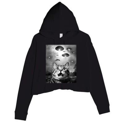 Funny Meme Cat Selfie With Alien Ufos Funny Cat Lovers Aliens Ufo Crop Fleece Hoodie