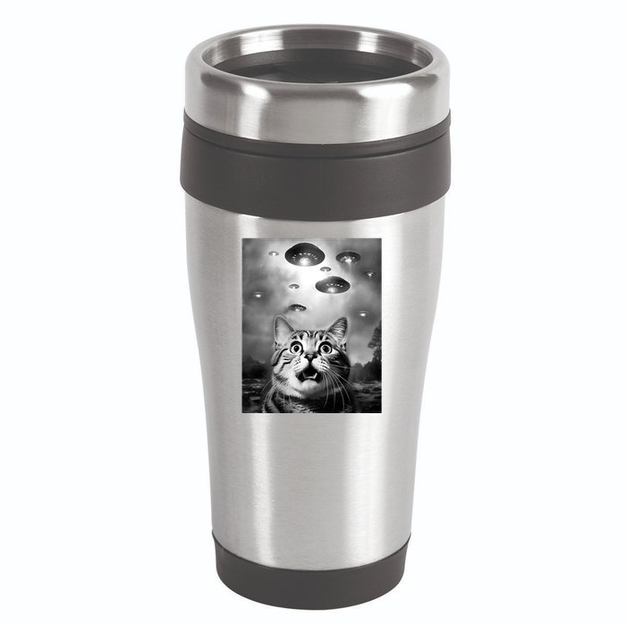 Funny Meme Cat Selfie With Alien Ufos Funny Cat Lovers Aliens Ufo 16oz Travel Tumbler