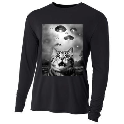 Funny Meme Cat Selfie With Alien Ufos Funny Cat Lovers Aliens Ufo Cooling Performance Long Sleeve Crew