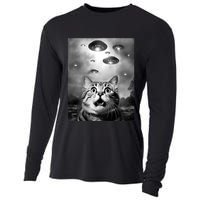 Funny Meme Cat Selfie With Alien Ufos Funny Cat Lovers Aliens Ufo Cooling Performance Long Sleeve Crew
