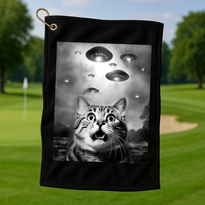 Funny Meme Cat Selfie With Alien Ufos Funny Cat Lovers Aliens Ufo Golf Towel