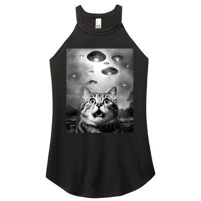 Funny Meme Cat Selfie With Alien Ufos Funny Cat Lovers Aliens Ufo Women's Perfect Tri Rocker Tank